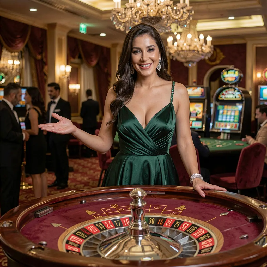 Una elegante mujer mexicana disfrutando de coloridas máquinas tragamonedas en una animada atmósfera de casino en CHIDO77 con luces vibrantes y una experiencia de juego inmersiva CHIDO77 – Experimenta la inmersiva acción de la ruleta en vivo para jugadores mexicanos